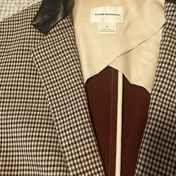 Club Monaco Plaid Checked Neutral Leather Collar Trim Blazer Jacket Sz 6